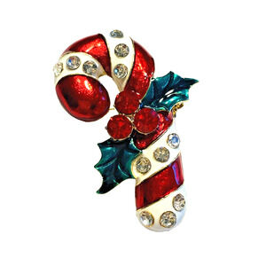 Christmas Brooch Pendant Red & White Enamel Candy Cane & Rhinestones Novelty Pin
